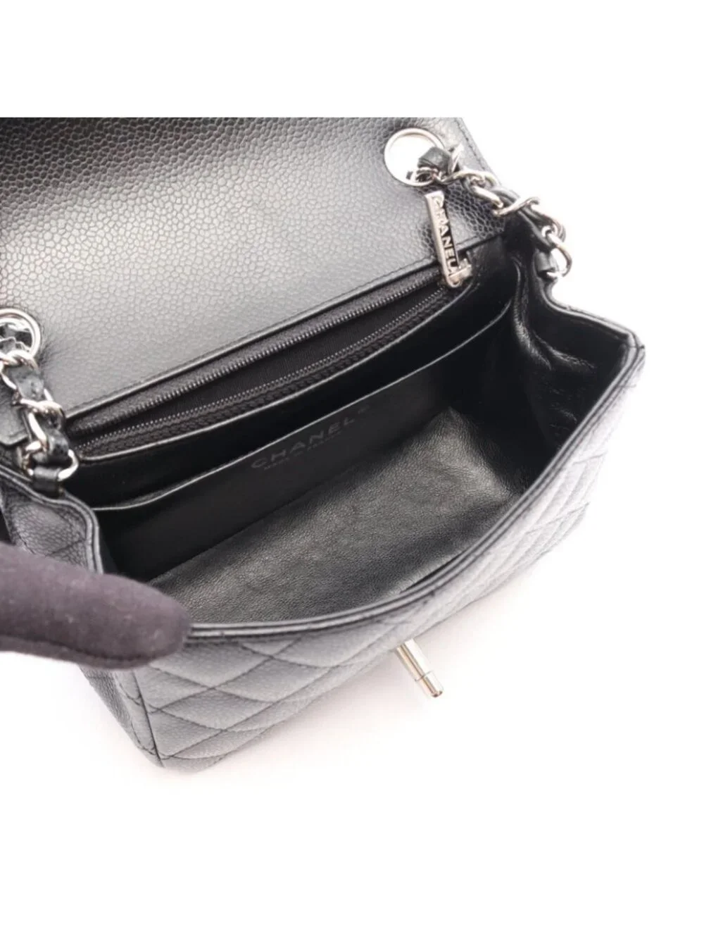 Chanel Shoulder Bag Mini Quilted Black Caviar Leather Chain